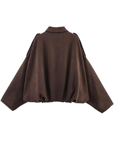 Women's Suede Bomber Jackets Casual Overasized Batwing Sleeve Pleated Elastic Hem Coats Streetwear(Coffee-M)2