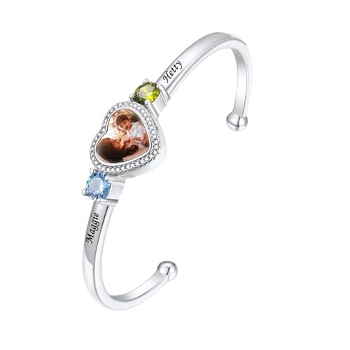 FindChic Customized Photo Bracelets for Women Heart Charm Bangle/Leather Band Stainless Steel/18K Gold Plated/Black Adjustable Personalized Bracelets,