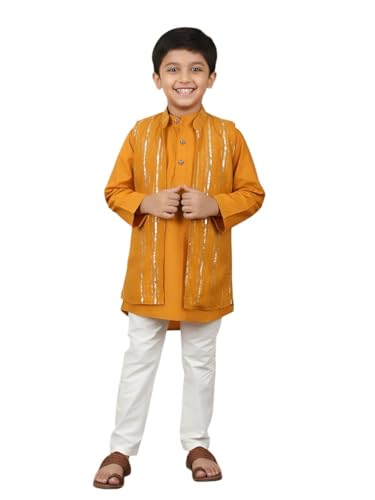 Image of POLKA TOTS Boys Cotton Ethnic Kurta Pajama Set with Attached Koti | Ethnic Motif Wear Kids Kurta Pyjama for Boys & Toddlers | Traditional Dress for Weddings & Festivals | Festive Jubba Set for Babies