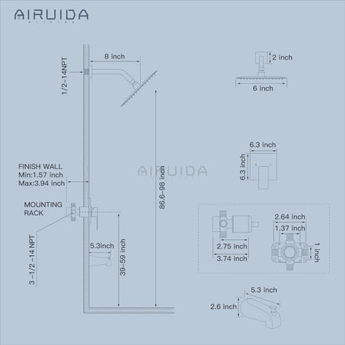 Airuida Shower Faucet Set with Tub Spout Bathtub Faucet Kit Shower Tub Faucet Set Complete Tub Shower Trim Kit with Solid Brass Rough-in Valve and Rainfall Square Showerhead,6 Inch-Matte Black by Airuida - Used condition - Image 6