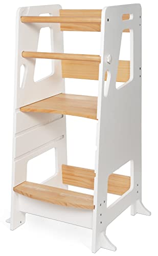 Bey&Co® Drewniana wieża edukacyjna Montessori - wieża budząca dla dzieci - 3 regulowane wysokości, powierzchnia antypoślizgowa, nóżki zapobiegające przechyleniu metodą Montessori - od 12 miesięcy
