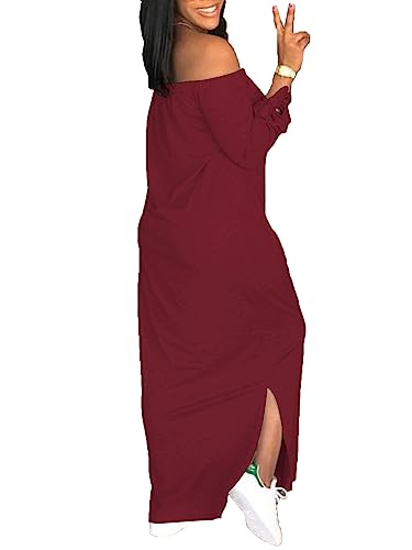 Image of Women's Casual Off Shoulder Maxi Dress - African Print Summer Loose Long Sleeve Tunic T Shirt Dresses with Pockets