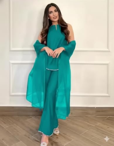 Image of Women's Teal Chiffon Kurta with Dupatta and Palazzo Pants, 3-Piece Ethnic Suit Set