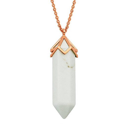 Morgan & Paige 14K Rose Gold Plated Genuine White Agate Crystal 40x10mm Hexagonal Point Pendulum Chakra Pendant Necklace, 32+2