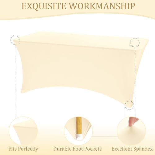 Image of 2 Pack 6FT Spandex Table Covers Washable Wrinkle Resistant Fitted Rectangle Tablecloth for Folding Table Wedding Party Birthday Banquet Bar Events(Beige)