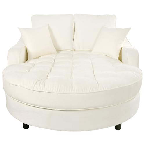 Image of Christopher Knight Home 55 Inch Modern Chaise Lounge Sofa Bed, Upholstered Chenille Lounge Couch with Tufted Seat and Detachable Pillows Curved Accent Sofa for Living Room, Beige