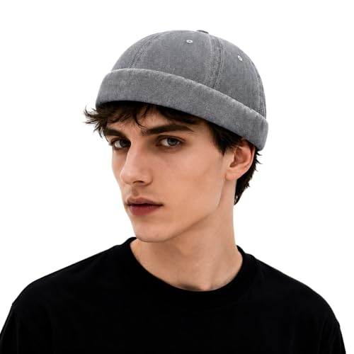 Image of Sailor Brimless Skull Hat, Washed Cotton Docker Hat for Men Vintage | Classic Vintage Style,Solid Color, Casual, Harbour Hat, Vintage Brimless Sailor Hat, Rolled Cuff Retro Beanie Hat, Adjustable