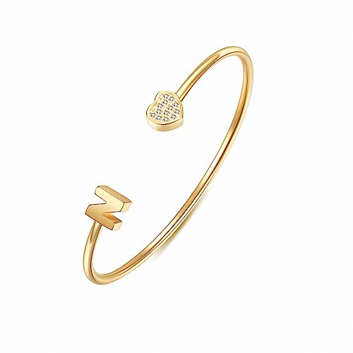 Image of VQYSKO Heart Initial Cuff Bracelets for Woman-CZ Stainless Steel Adjustable Open Bracelet Woman Jewellery,Birthday Gifts for Woman