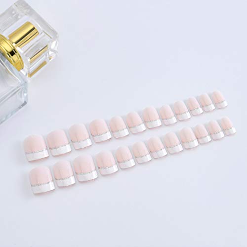 Blindery French Short Press On Nails Square Artificial False Nails Pink Glossy Glitter Fake Nails Wedding Stick On Nails For Women And Girls 24Pcs #TOP1