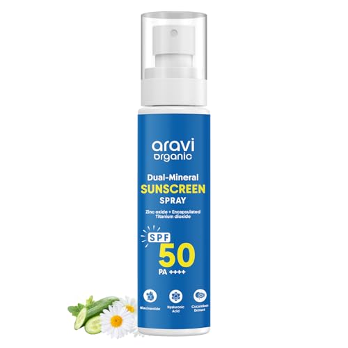 Aravi Organic Dual Mineral Sunscreen Spray SPF 50 PA++++ | Broad Spectrum & Blue Light Protection | Hydrating Lightweight & Non-Greasy | No White Cast | Water Resistant 80 Mi | For Oily & Dry Skin