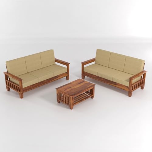 Image of Sheesham Wooden 6 Seater Sofa Set for Living Room | Rosewood Cushion Sofa with Side Newspaper Holder for Home & Office | Solid Wood Sofa Set for Lounge (Honey, 3+3 Seater)