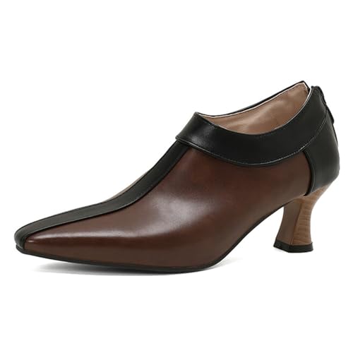 Alyaafifa Kitten Heel Booties Pumps for Women Closed Pointed Toe 2 Inches Low Heel Ankle Boots Shooties with Zipper Two Tone Matte Leather Vintage Office Working Party Event Prom