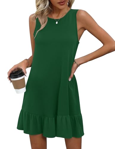 HOTOUCH Petite Summer Dresses for Women Casual Loose Sleeveless Tshirt Sundress Ruffle Hem Tank Dress Beach Dress with Pockets Green XL