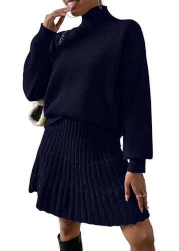 Onsoyours Strickkleid Damen Rollkragen Elegant Langarm Tunika und Rock Minikleid Strickpullover für Herbst Winter A Dunkelblau L