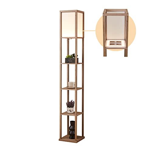 Atamin Alvin - 72" Dimmable Led Floor Lamp With Shelves, 3-Way Switching Led Shelf Floor Lamp, Modern Led Standing Lamp For Living Room And Bedroom, Rustic Wood #TOP9