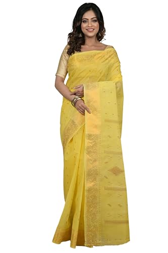 Image of eC ESHA'S COLLECTION Women's Kerala Cotton Floral Motif Printed Zari Bordered Tant Saree Without Blouse Piece