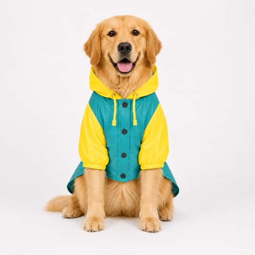 Image of Thunder Tails Dog Raincoat Waterproof Jacket for Dogs with Hood | Double Layer Water Resistant Polyester, Adjustable Fit, Snap Button Closure, Lightweight Pet Rain Wear (Blue /Yellow, 2XL)
