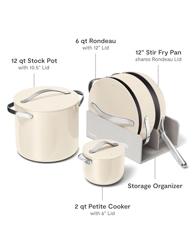 Image of Caraway 24-Piece Nonstick Ceramic Cookware Set - Includes Fry Pans, Sauce, Saute Pan, Dutch Oven, Petite Cooker, Stir Fry, Rondeau, Stock Pot, Lids & Storage Organizers - Cream