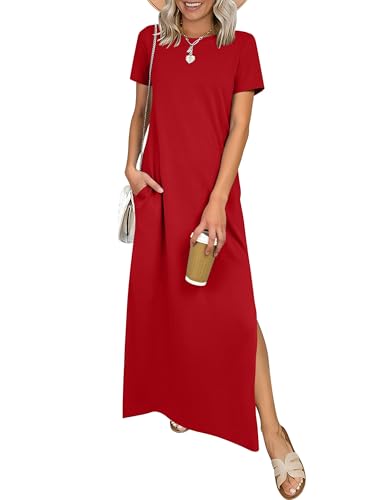 ANRABESS Womens Summer Casual Maxi Dress Short Sleeve Crewneck Split