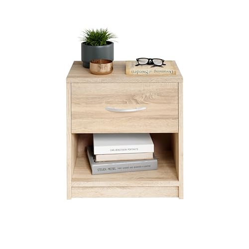 Stella Trading PEPE Nachttisch in Eiche Sonoma Optik - Schlichter Nachtschrank mit einer Schublade passend zu jedem Bett & Schlafzimmer - 39 x 41 x 28 cm (B/H/T)