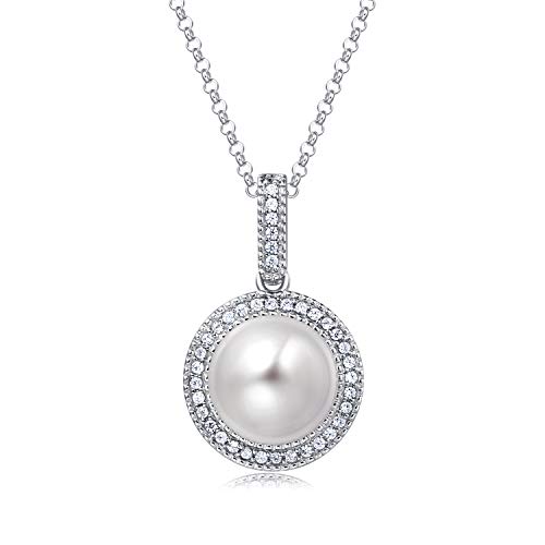 Molah 10-10.5mm Cultured Freshwater Pearl and Simulated Diamond CZ Halo Necklace 925 Silver Rhodium Plated