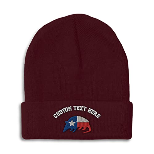 Custom Beanies for Men Armadillo Texas Flag Embroidery Flags Texas Winter Hats for Women Acrylic Skull Cap 1 Size Burgundy Personalized Text Here