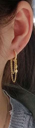 Round Cz Chain Dangle Drop Small Hoop Cuff Earrings S925 Sterling Silver For Women Girls Cartilage Sensitive Ears Fashion Crystal Threader Tassel Hanging Personalized Huggie Hoops Gifts (Gold) #TOP3