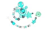 Set Beißring persönlich & Schnullerkette Nuckelkette mit Name Schildkröte Zahnungshilfe Baby Silikon türkis