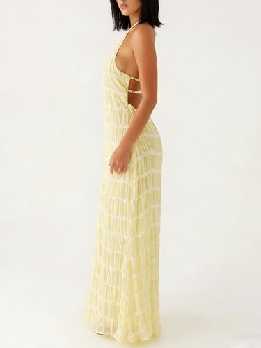 Image of Yiulangde Women's Backless Smocked Maxi Dress Sexy Spaghetti Strap Cut Out Flowy Beach Long Dress Vacation Casual Sundresses