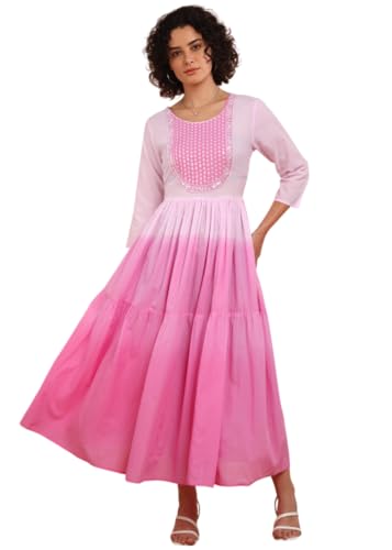 Image of Maaesa Women Embroidered Cotton Flared Dress