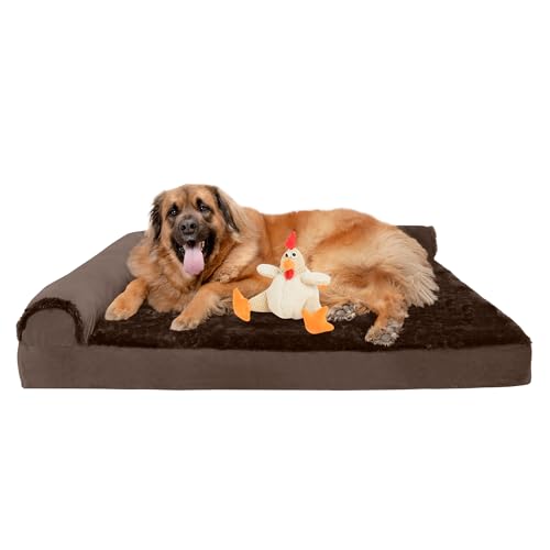Image of FurHaven Orthopedic Dog Bed & goDog Toy - Squeaky Plush Fat Rooseter with Chew Guard Technology for Large Dogs - Plush & Velvet L Shaped Chaise - Sable Brown, Jumbo Plus /XXL