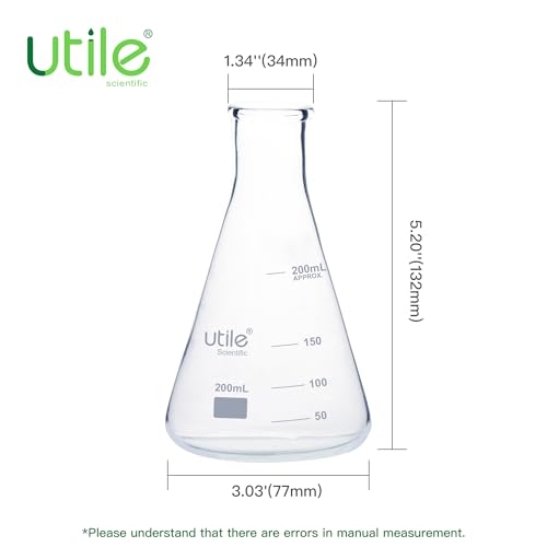 Utile 8pcs 200ml Glass Erlenmeyer Flask Set, Narrow Mouth Erlenmeyer Flasks, Borosilicate 3.3 Glass Conical Flasks for Laboratory with Printed Graduation, 4016.0200.8 - Thumbnail 3