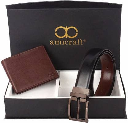 Image of Amicraft PU Leather Men's Combo Pack Of Wallet & Reversible Belt Gift Set