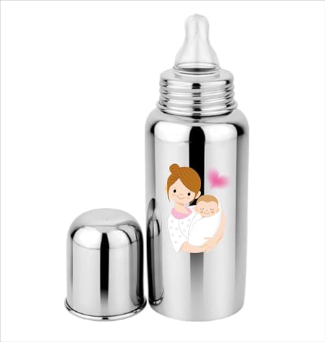 Image of Stainless Steel Feeding Bottle 304 Grade Steel with Anti Colic Silicone Nipples - 250 ml (Silver) /Ideal for Newborns and Toddlers (Pack of 1) Mom & Baby Theme