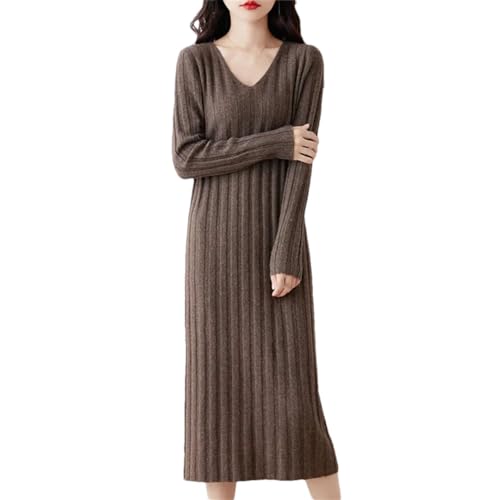 Damen Wollkleid Lang Gestreift V-Ausschnitt Pullover Top, coffee, XX-Large