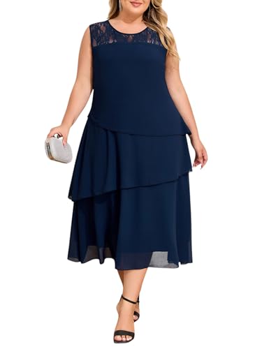 LapaPlus Übergröße Damen Elegantes Chiffon Kleider für Hochzeitsgäste Spitzen Ärmellos Sommerkleid Fließendes Midikleid