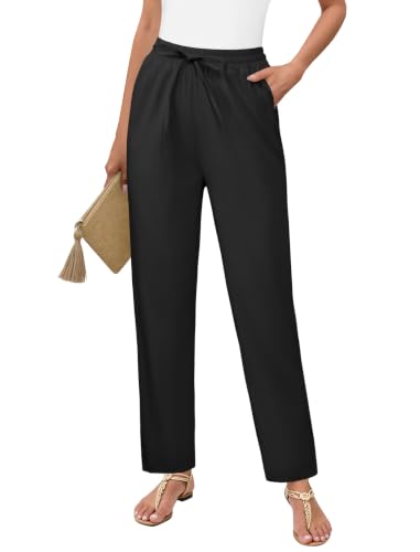 DLOODA Womens Linen Pants High Waisted Drawstring Casual Ankle Trousers