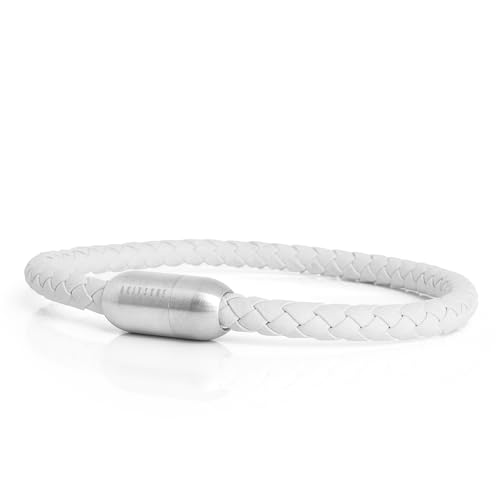 Akitsune Silvus Lederarmband Magnetischen Verschluss | 5mm | Armschmuck Damen Herren Edelstahl Schlichtes Armband - Silber - Weiß 17,5cm