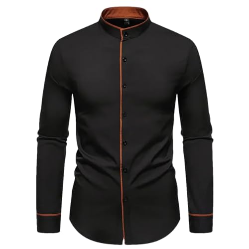 Image of Contrast Color Patchwork Dress Shirts for Henry Collar Long Sleeve Business Casual Social Shirt Black Euro Size M