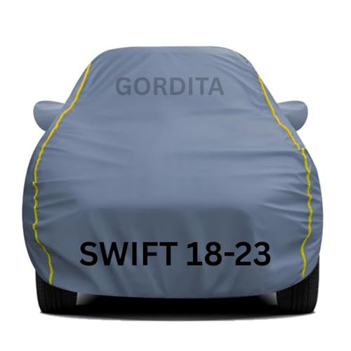 Image of Waterproof Car Body Cover for Swift 2018-23 All Weather Protection Comes with Inner Cotton Lining & Triple Stitched with Mirror & Antenna Pocket Belt & Elastic Fit Grey with Yellow Piping2