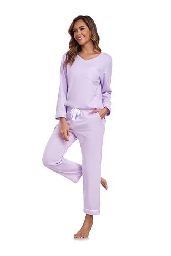 Image of COLORFULLEAF 100% Cotton Pajama Set for Women Long Sleeve Sleepwear with Pants Soft Comfy Two-Piece Pjs with Pockets