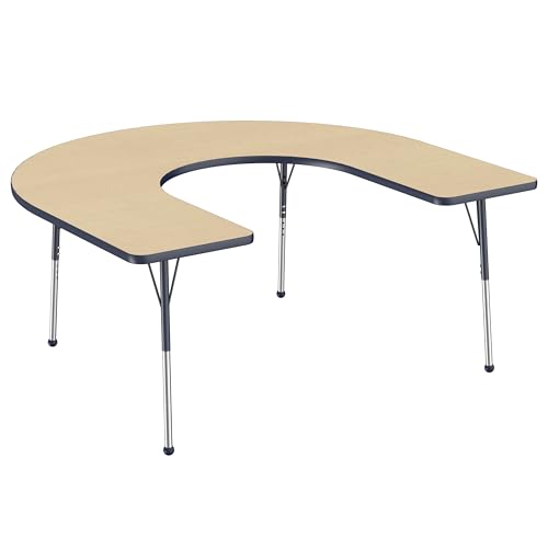 Image of FDP Horseshoe Activity School and Office Table (60 x 66 inch), Standard Legs with Ball Glides for Collaborative Seating Environments, Adjustable Height 19-30 inches - Maple Top and Navy Edge