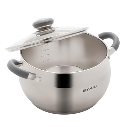 Daniks Modern 4 Quart Stainless Steel Stock Pot with Glass Lid, Tri-Ply Bottom for Even Heating, Induction Compatible, Dishwasher Safe, Heatproof Handles