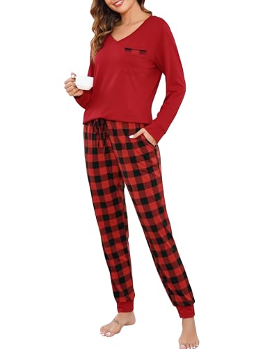 Image of Vlazom Pyjamas Set for Women, Soft Two Pieces Pj's Sets Long Sleeve Tops and Plaid Pants Sleepwear with Pockets Drawstring Wine Red,S