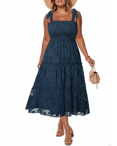 Plus Size Summer Dress 2025 - Sun Boho Spaghetti Strap Lace Floral Casual Beach Smocked Maxi Dress3