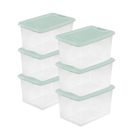 Sterilite 6 Pack Latching Box, Clear Plastic Stackable Storage Bin with Lid, 64 Quart, Mindful Mint