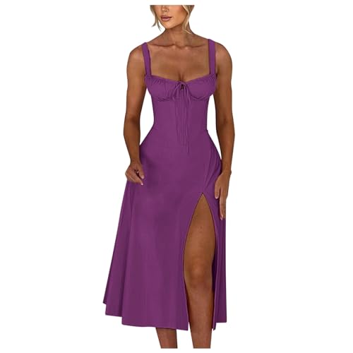 Wickelkleid Festlich Damen Sommerkleid mit V-Ausschnitt, ärmellos, Sling-Kleid, rückenfrei, A-Linie, Bandage-Kleid Strandkleider Damen (Purple, M)
