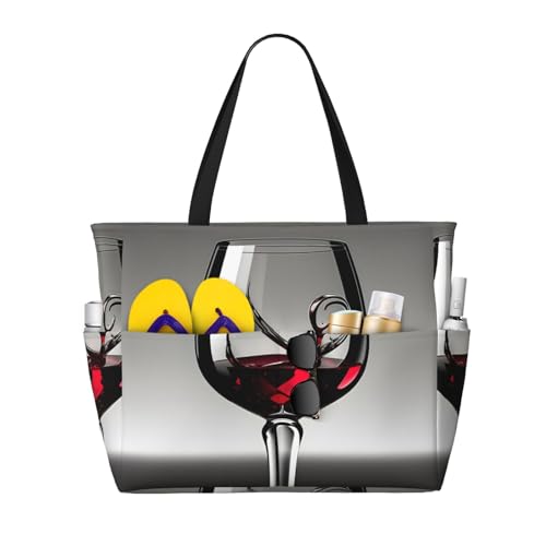 Sac à bandoulière hobo shopping et travail, grand sac fourre-tout imprimé verre à vin noir