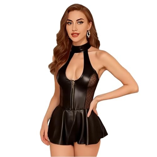 Image of GirlFriend SSoShHub Women Leather Lingerie Black Babydoll Round Neck Nightwear Chemise Nightie Bodysuit Lingerie First Night Honeymoon Mini Nightdress Sheer mesh with Panty