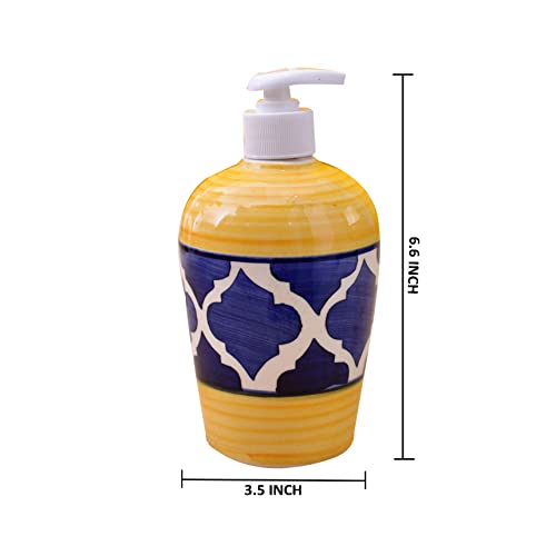 Image of Ceramic Liquid Soap Dispenser, 450 ml, Yellow Blue | Refillable Pump Bottle for Hand Wash, Lotion, Shampoo & Kitchen Use, 1 Piece